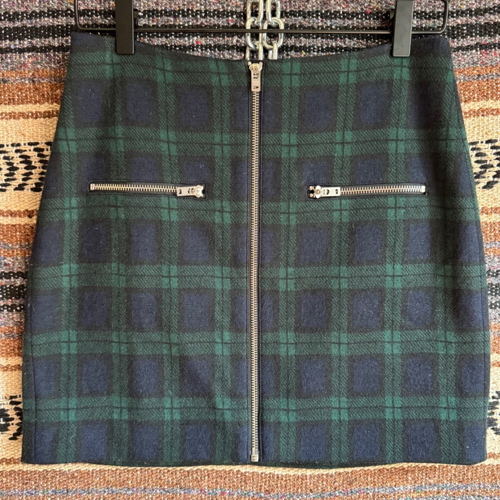 Madewell Plaid Mini Skirt 2 Green Black Watch Zip Front Wool Blend A-Line